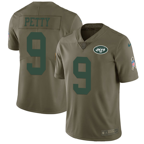 Nike Jets #9 Bryce Petty Olive Men's Stitched NFL Limited Salute to Service Jersey - Click Image to Close
